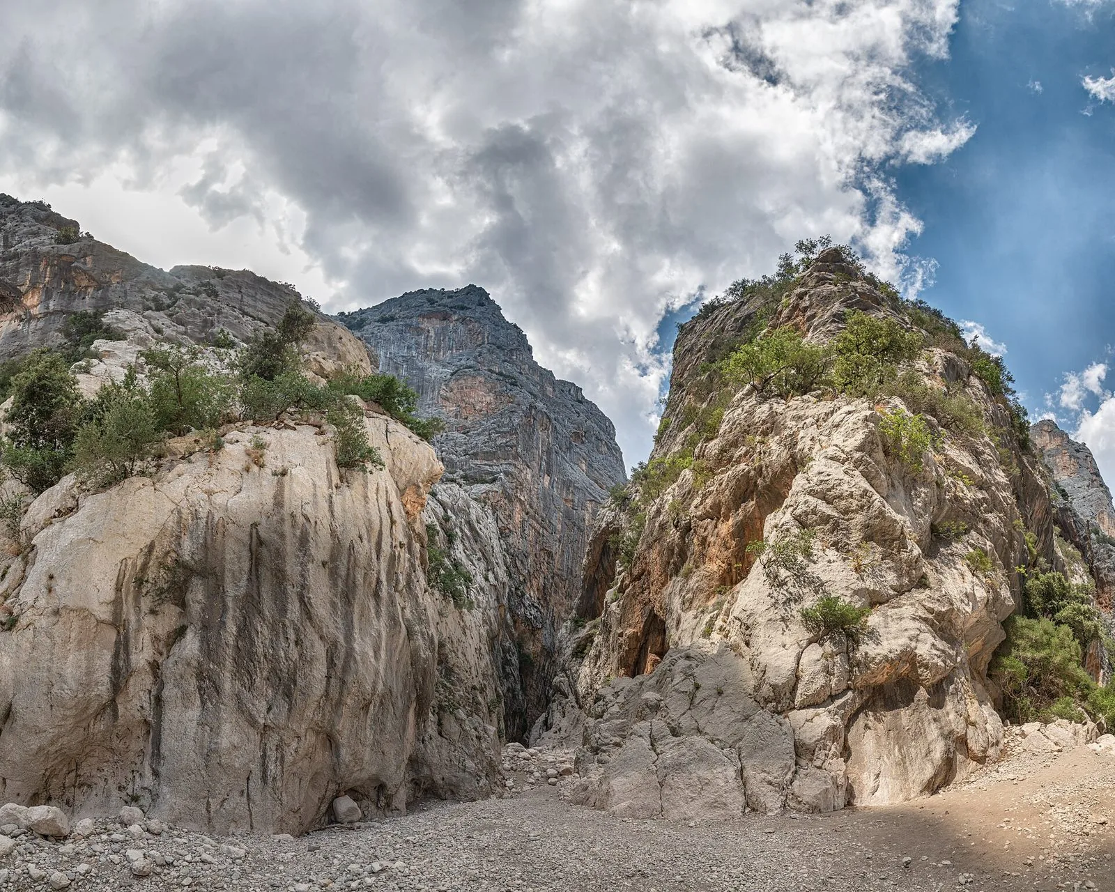 Pareti di roccia calcarea e massi bianchi sul fondo della Gola di Gorropu
